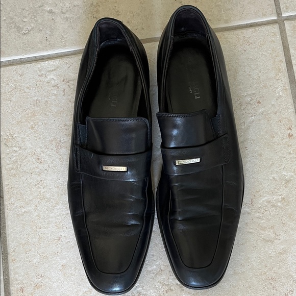 Bruno Magli mens black leather loafers silver logo tag Riccot stamp Italy sz13